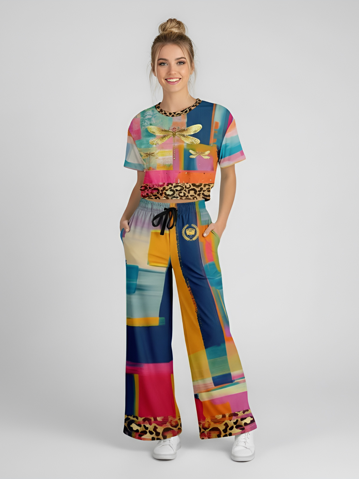 Blue Dragonfly Abstract Colorblock Leopard Patchwork Eco-Poly Wide Leg Pants