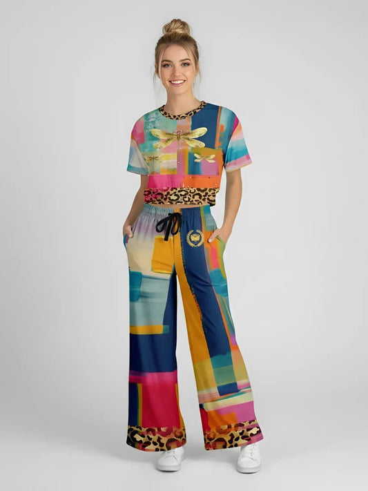 Blue Dragonfly Abstract Colorblock Leopard Patchwork Eco-Poly Wide Leg Pants