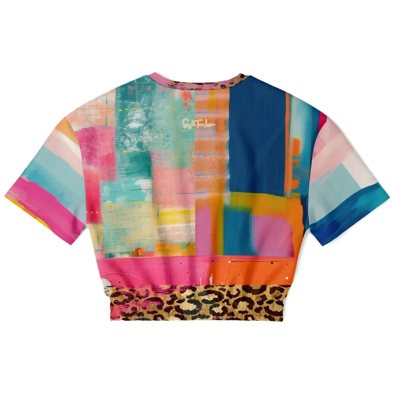 Blue Dragonfly Abstract Colorblock Patchwork Eco-Poly Short Sleeve Cropped Pullover