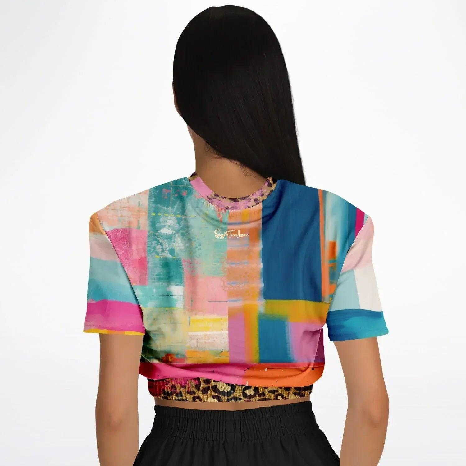 Blue Dragonfly Abstract Colorblock Patchwork Eco-Poly Short Sleeve Cropped Pullover