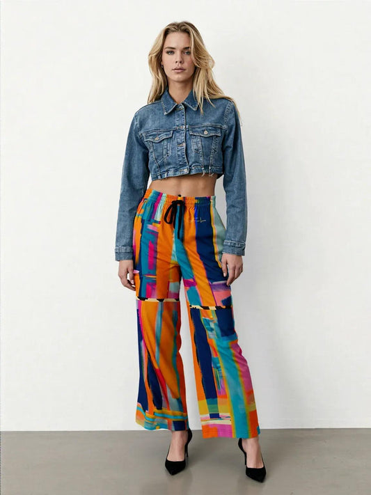 Blue Dragonfly Abstract Colorblock Patchwork Eco-Poly Wide Leg Pants