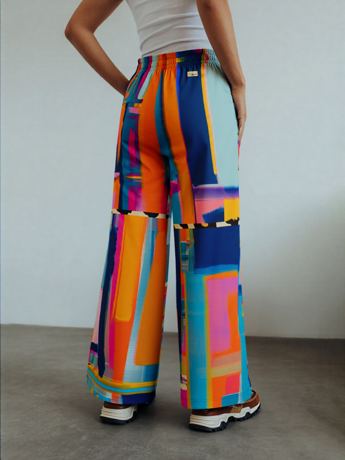 Blue Dragonfly Abstract Colorblock Patchwork Eco-Poly Wide Leg Pants