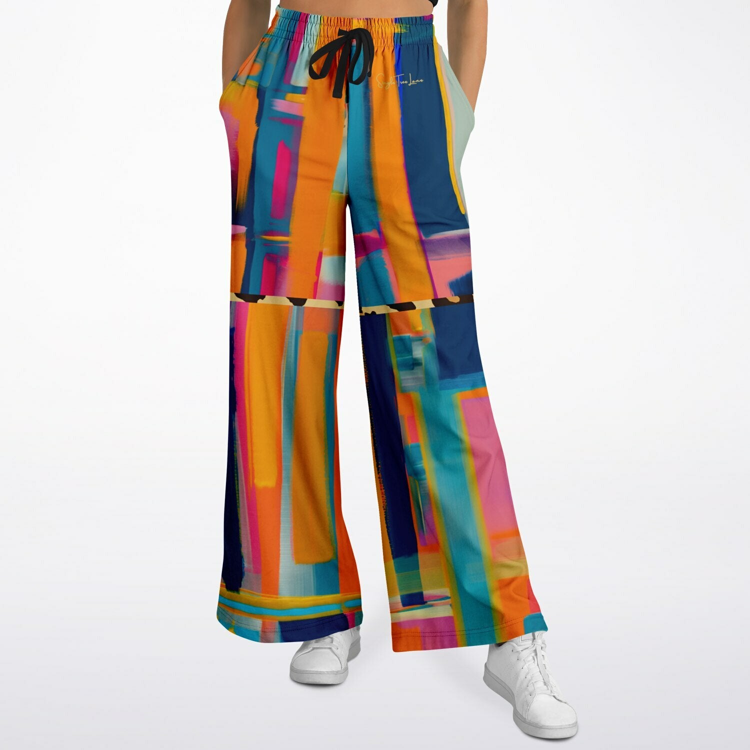 Blue Dragonfly Abstract Colorblock Patchwork Eco-Poly Wide Leg Pants
