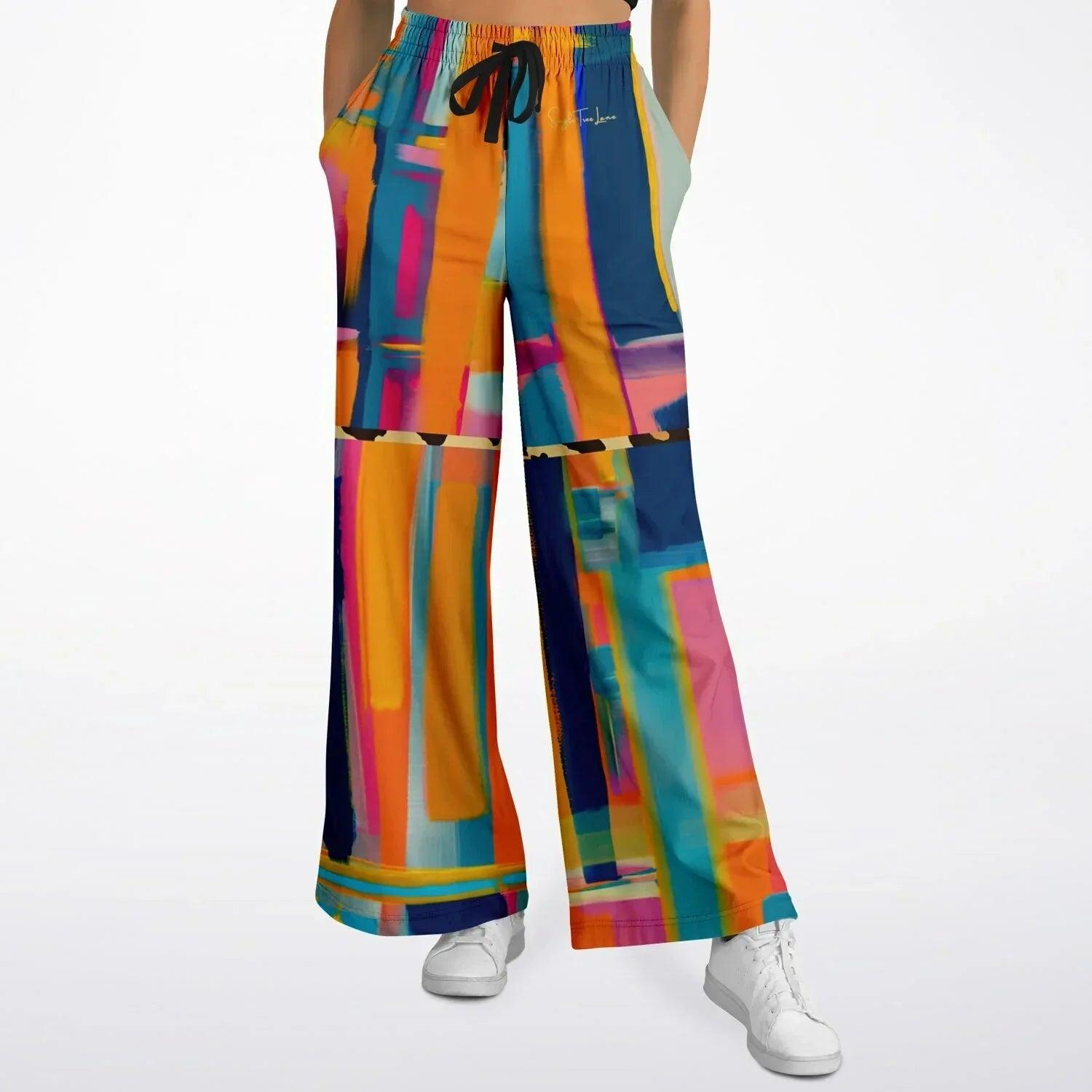 Blue Dragonfly Abstract Colorblock Patchwork Eco-Poly Wide Leg Pants