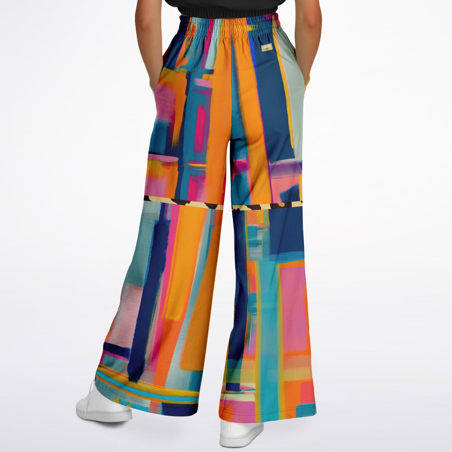 Blue Dragonfly Abstract Colorblock Patchwork Eco-Poly Wide Leg Pants