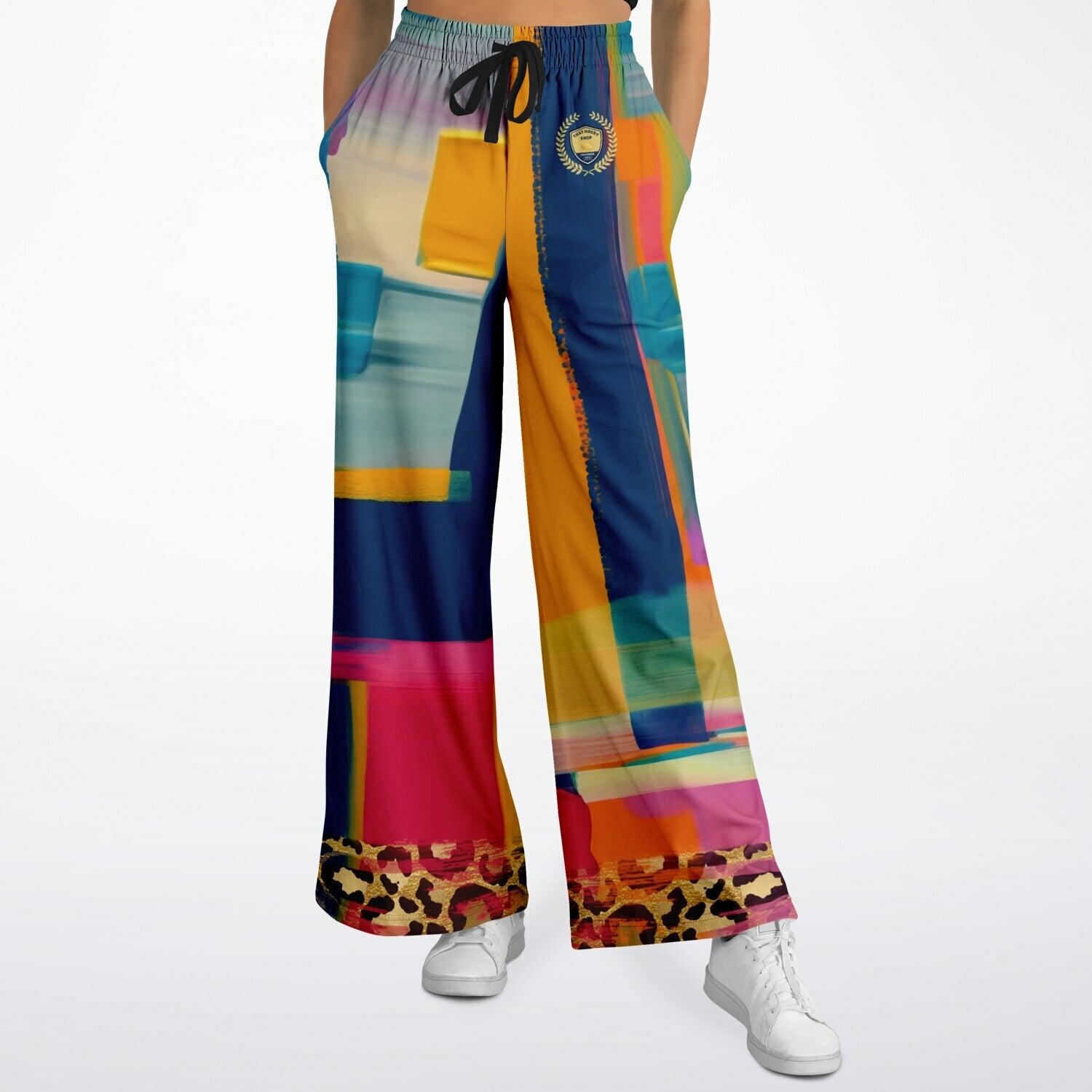 Blue Dragonfly Abstract Colorblock Leopard Patchwork Eco-Poly Wide Leg Pants