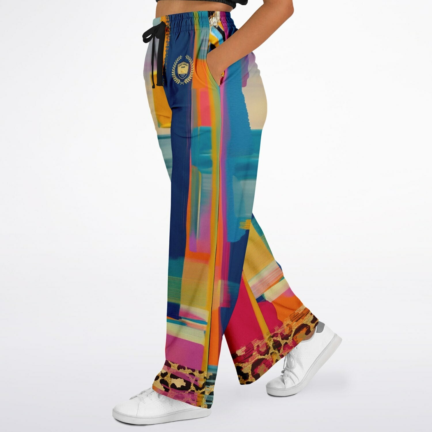 Blue Dragonfly Abstract Colorblock Leopard Patchwork Eco-Poly Wide Leg Pants