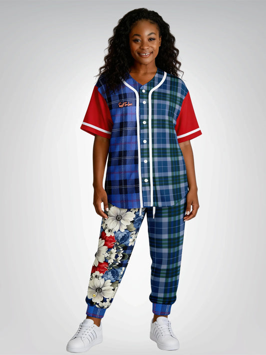 Blue Fashionista Floral Plaid Reversible Eco-Poly Short Sleeve Reversible Baseball Jersey