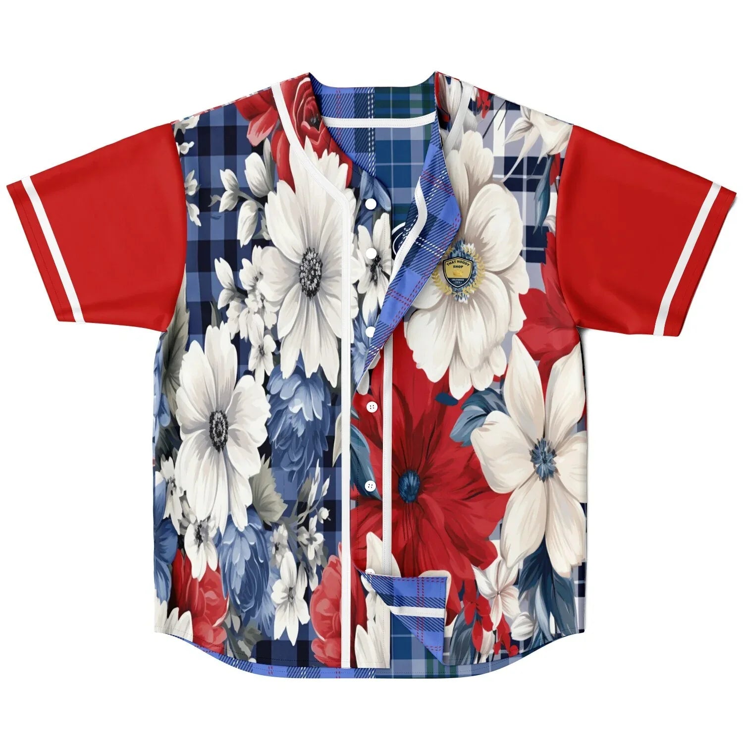 Blue Fashionista Floral Plaid Reversible Eco-Poly Short Sleeve Reversible Baseball Jersey