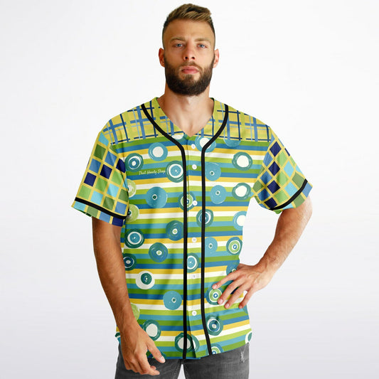 Blue Green Abstract 70s Blob Stripe Reversible Eco-Poly Short Sleeve Reversible Baseball Jersey