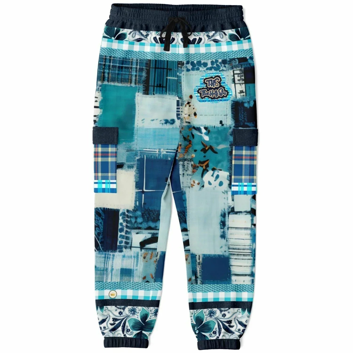Blue Laxshmi Denim Plaid Patchwork Print Eco-Poly Unisex Cargo Joggers