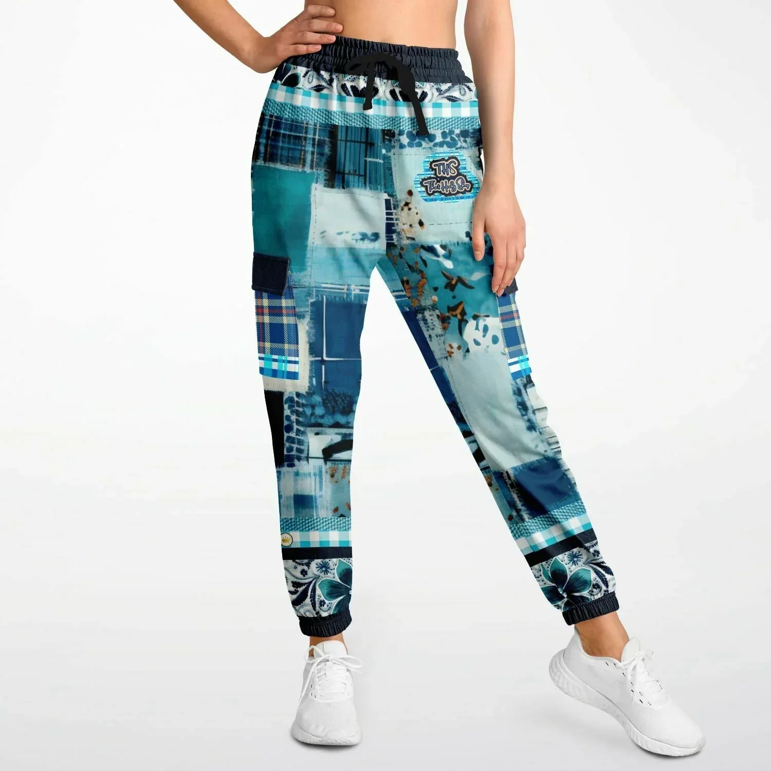 Blue Laxshmi Denim Plaid Patchwork Print Eco-Poly Unisex Cargo Joggers