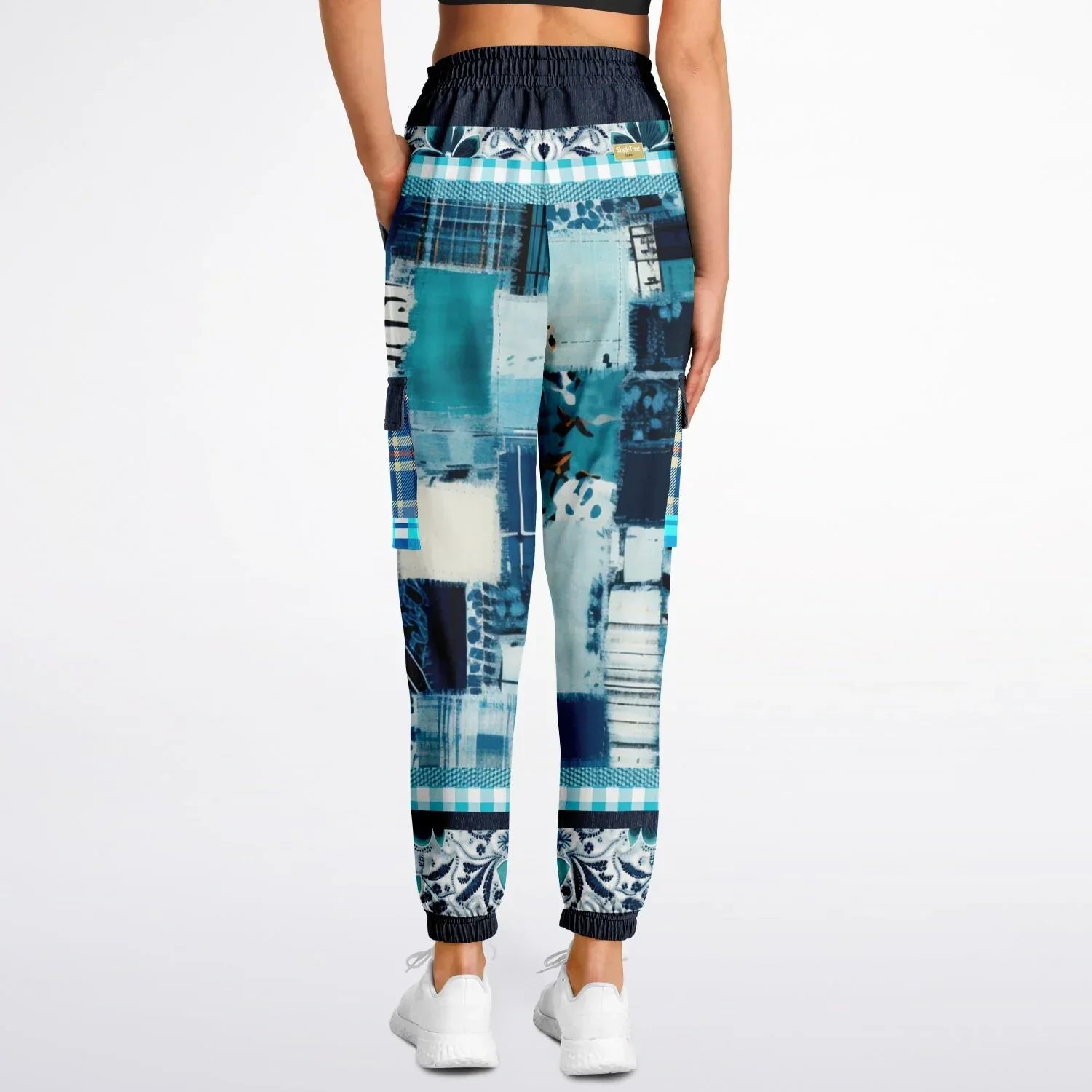 Blue Laxshmi Denim Plaid Patchwork Print Eco-Poly Unisex Cargo Joggers