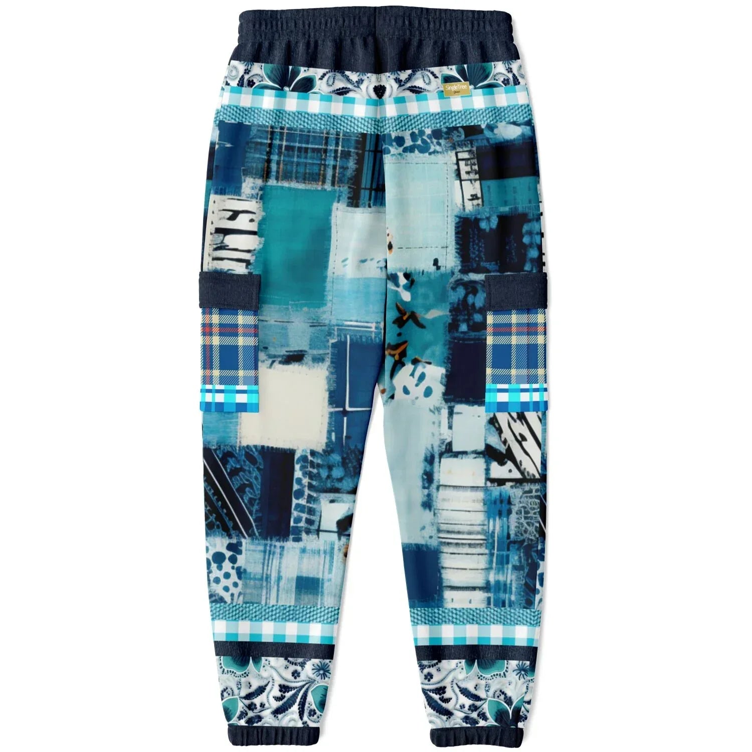 Blue Laxshmi Denim Plaid Patchwork Print Eco-Poly Unisex Cargo Joggers