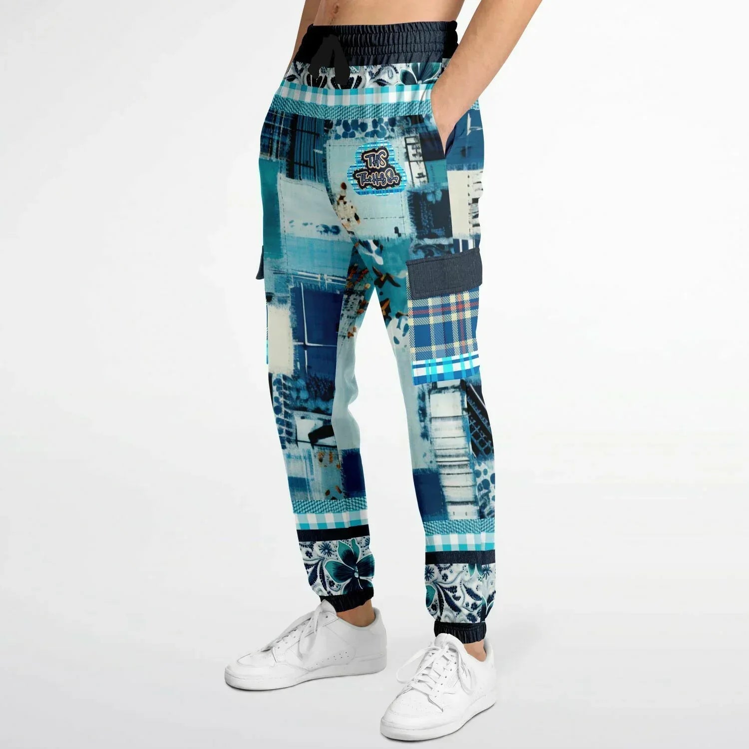 Blue Laxshmi Denim Plaid Patchwork Print Eco-Poly Unisex Cargo Joggers