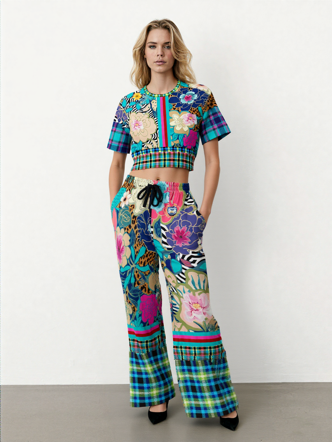 Blue Petunia Floral Stripe Eco-Poly Wide Leg Pants
