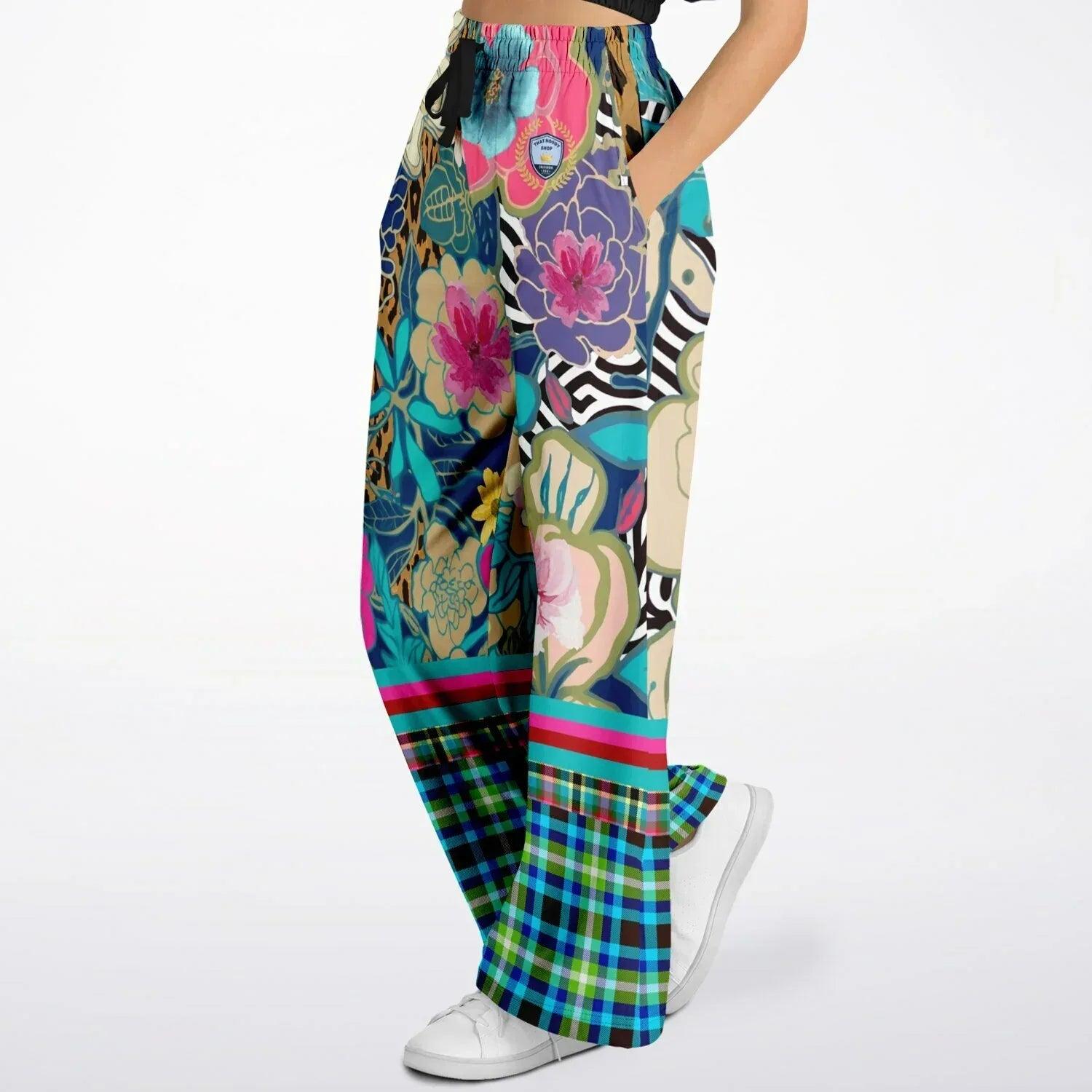 Blue Petunia Floral Stripe Eco-Poly Wide Leg Pants