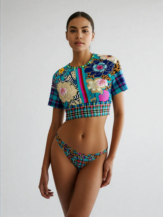 Blue Petunia Floral Stripe Eco-Poly Short Sleeve Cropped Pullover