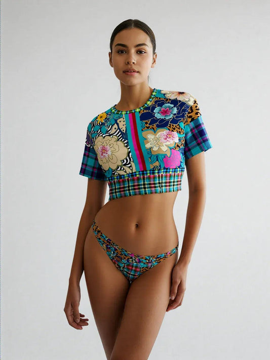 Blue Petunia Floral Stripe Eco-Poly Short Sleeve Cropped Pullover