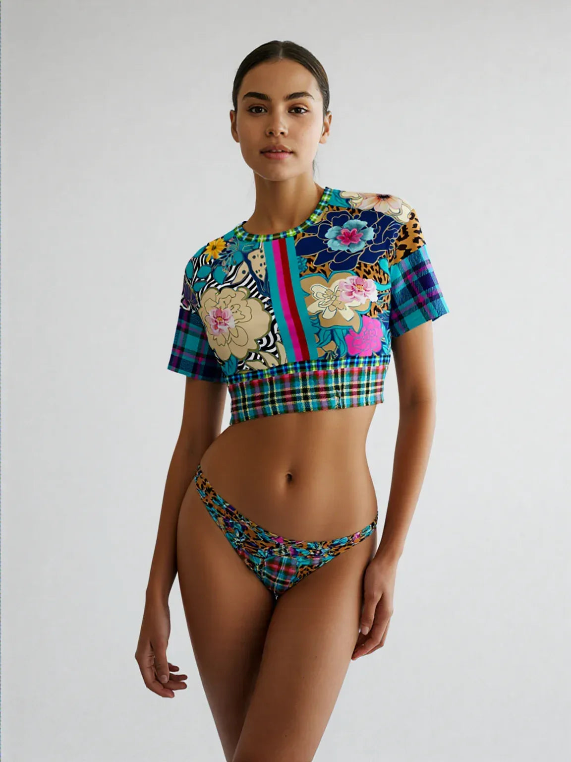 Blue Petunia Floral Stripe Eco-Poly Short Sleeve Cropped Pullover