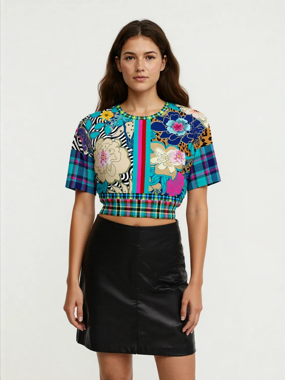 Blue Petunia Floral Stripe Eco-Poly Short Sleeve Cropped Pullover