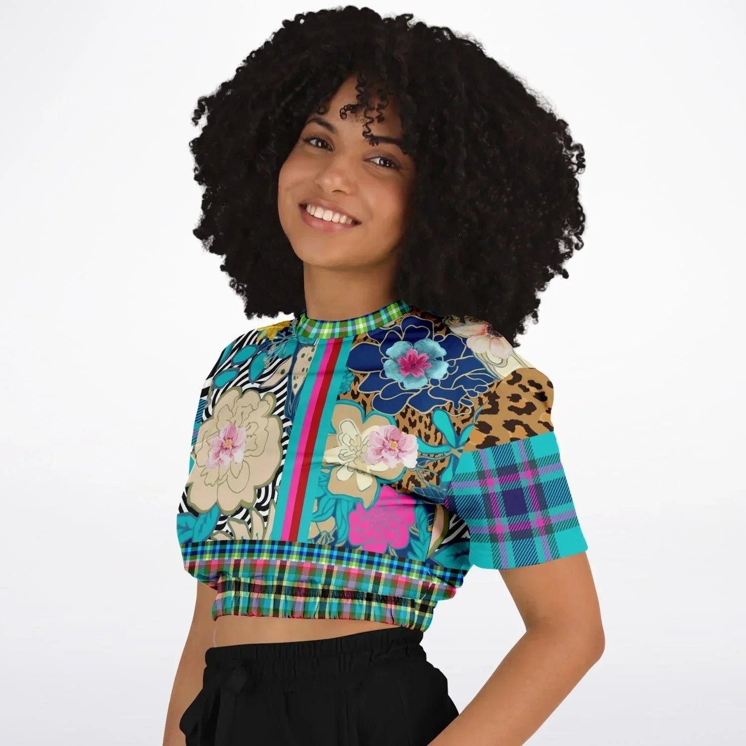 Blue Petunia Floral Stripe Eco-Poly Short Sleeve Cropped Pullover