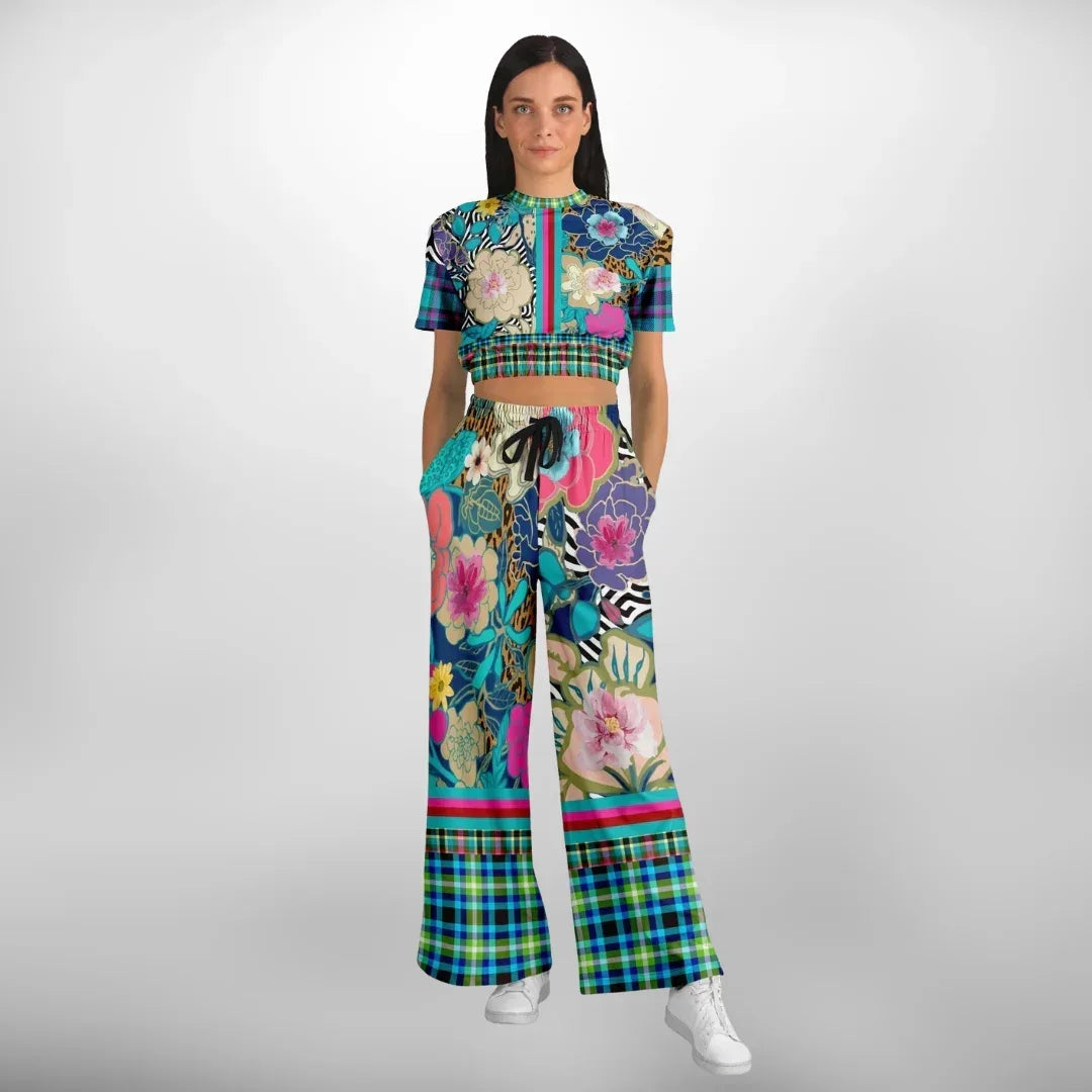 Blue Petunia Floral Stripe Eco-Poly Short Sleeve Cropped Pullover