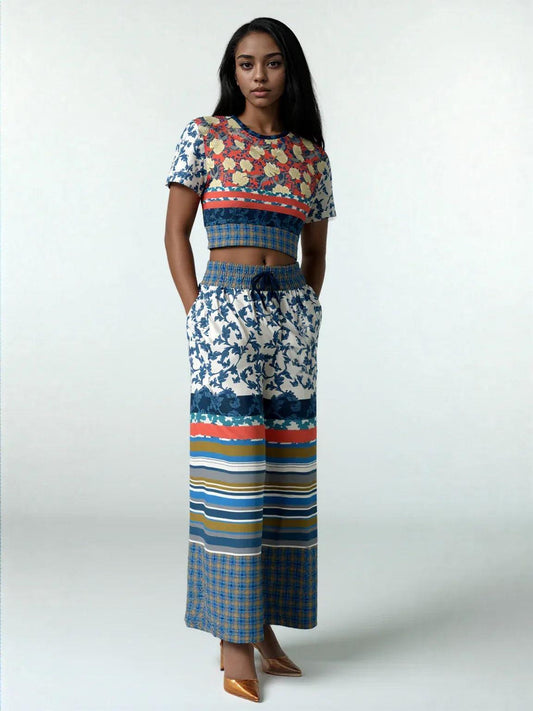 Blue Vine Over You Floral Stripe Eco-Poly Wide Leg Pants