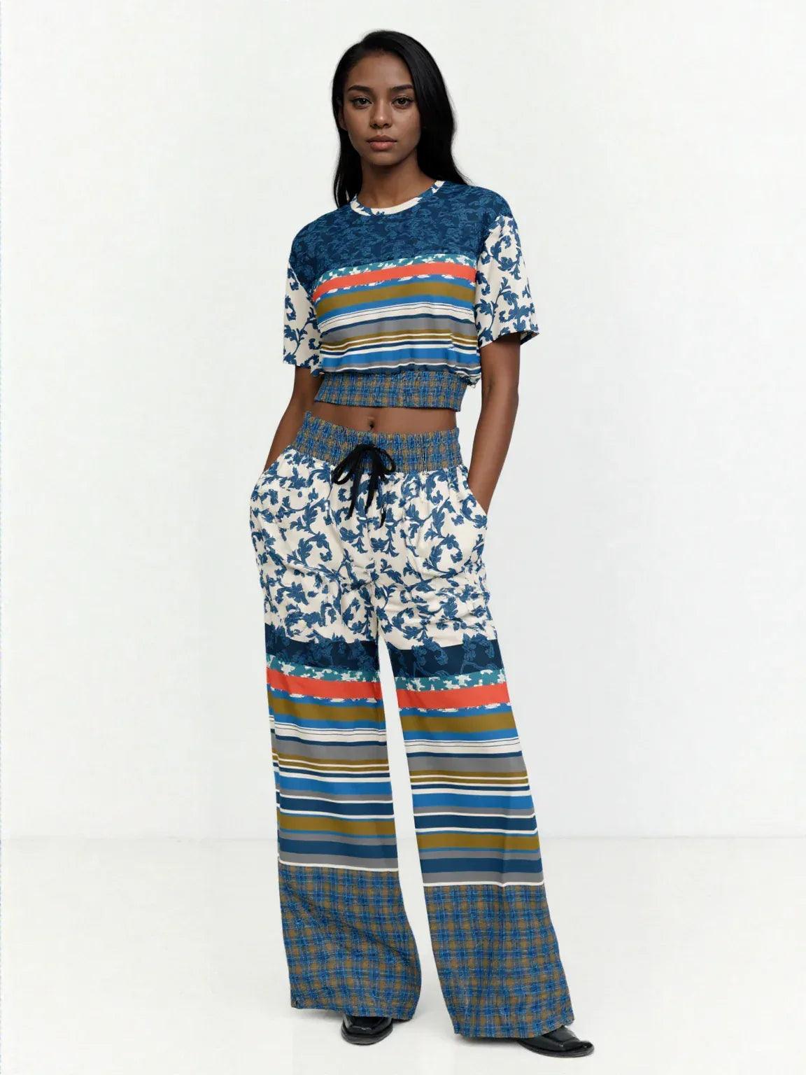 Blue Vine Over You Floral Stripe Eco-Poly Wide Leg Pants