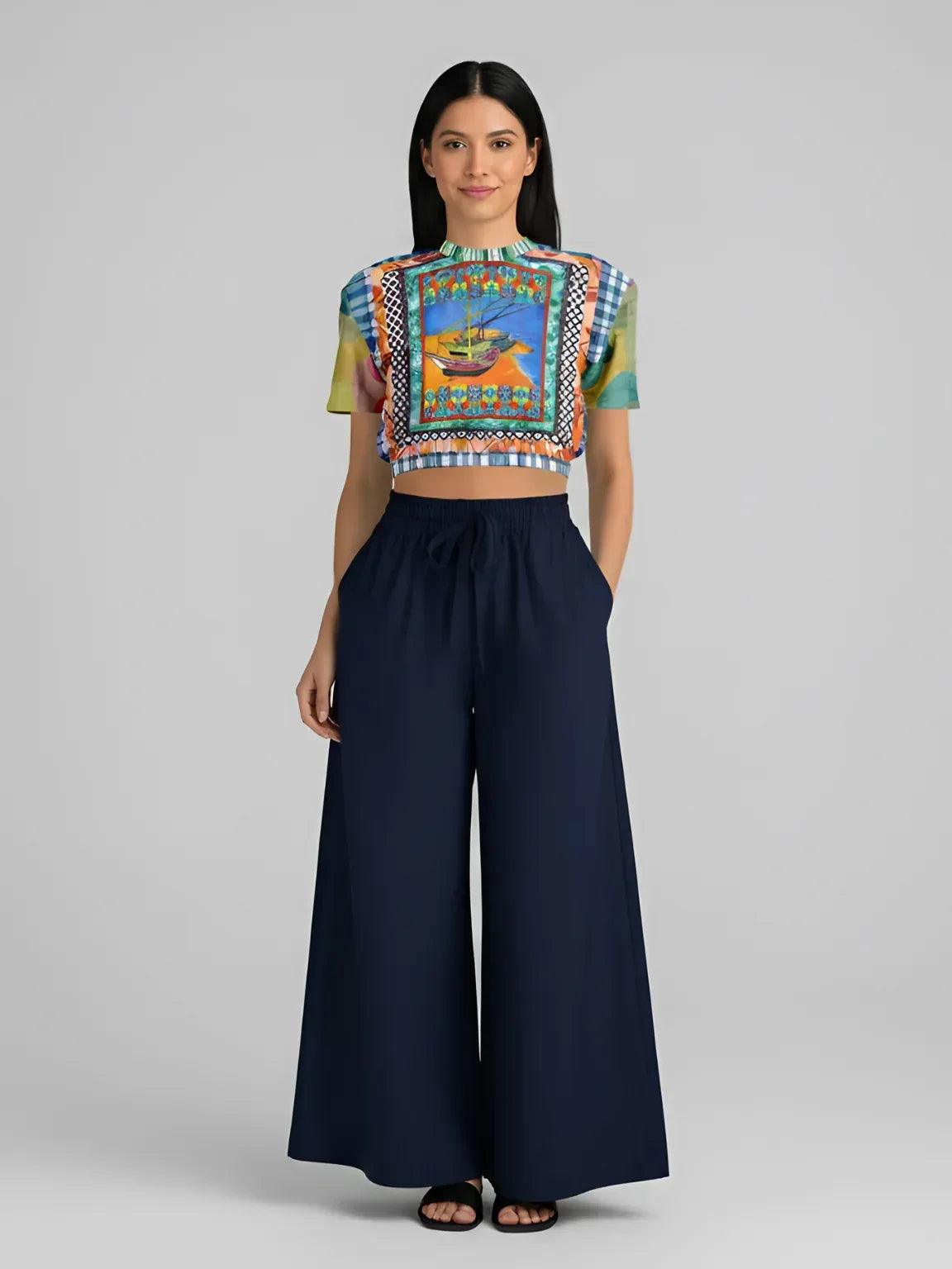 Boats of the Saint Marys - Van Gogh - Patchwork Eco-Poly Short Sleeve Cropped Pullover
