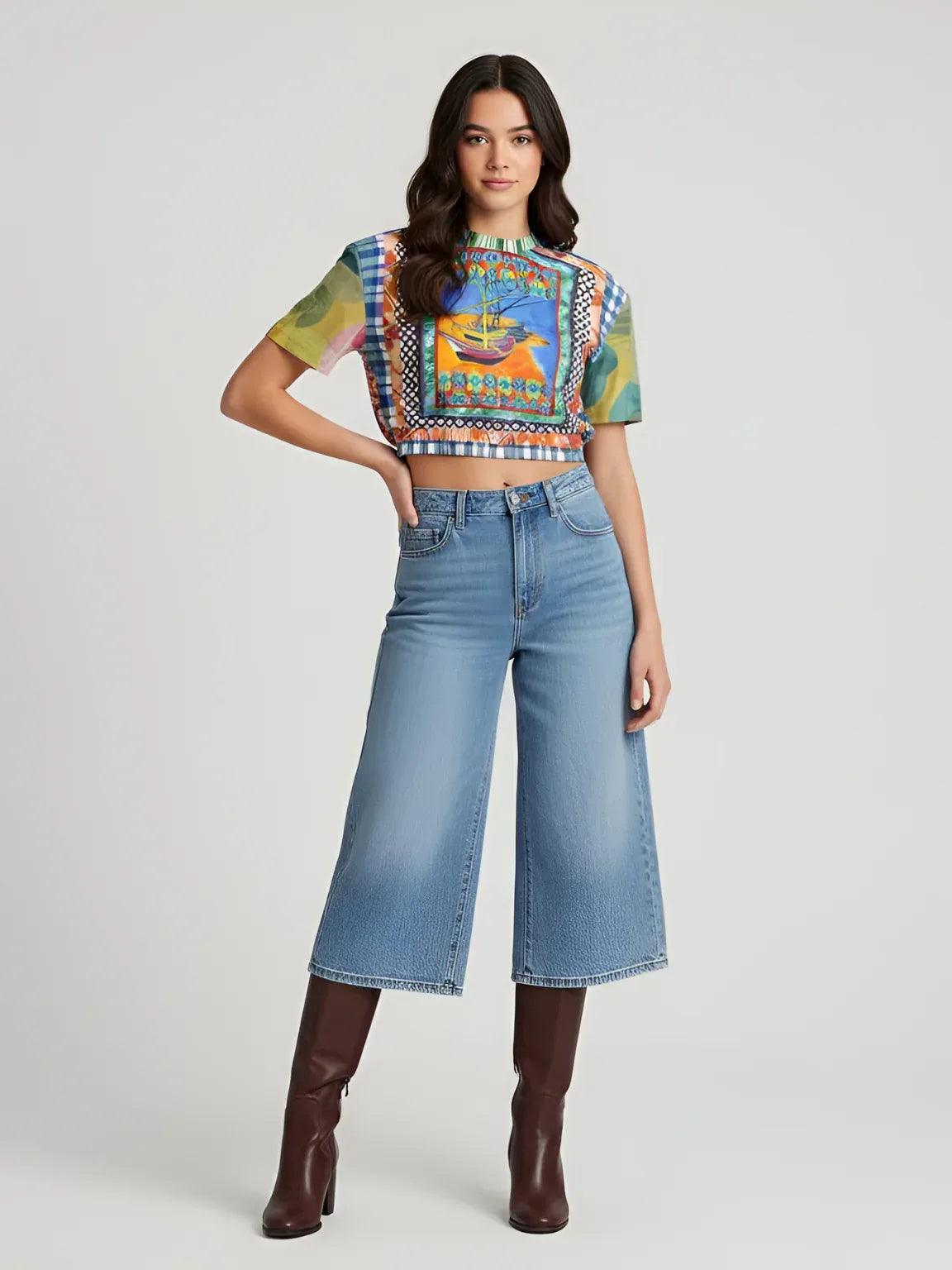 Boats of the Saint Marys - Van Gogh - Patchwork Eco-Poly Short Sleeve Cropped Pullover