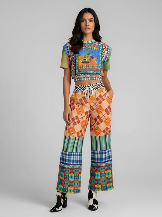 Boats of the Saint Marys - Van Gogh - Patchwork Eco-Poly Short Sleeve Cropped Pullover