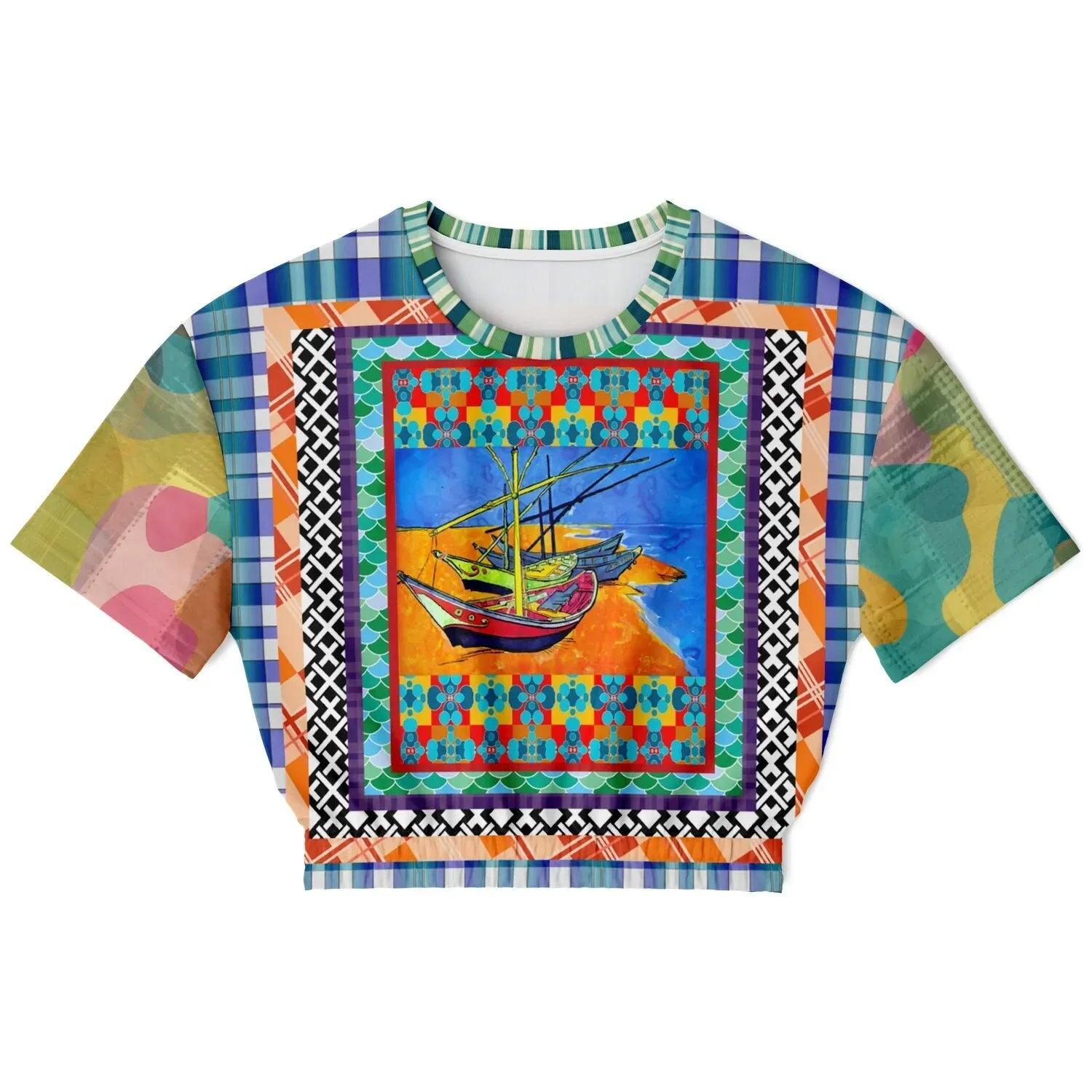 Boats of the Saint Marys - Van Gogh - Patchwork Eco-Poly Short Sleeve Cropped Pullover