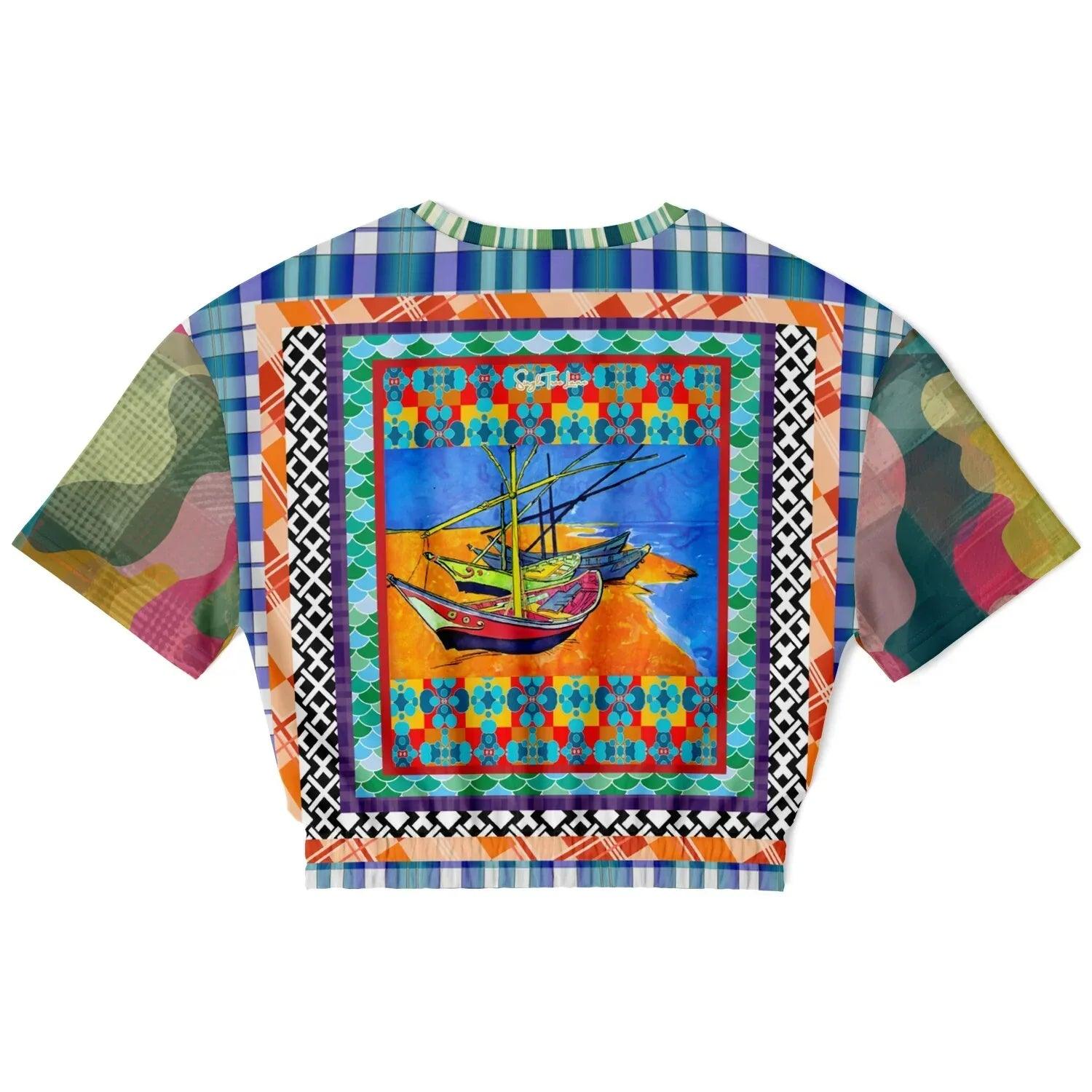 Boats of the Saint Marys - Van Gogh - Patchwork Eco-Poly Short Sleeve Cropped Pullover
