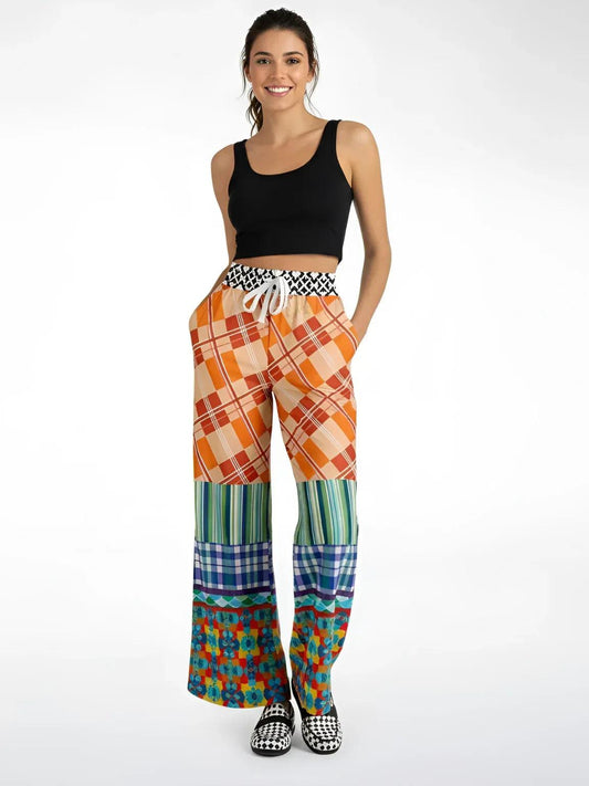 Boats of the Saint Marys - Van Gogh - Plaid Patchwork Eco-Poly Wide Leg Pants