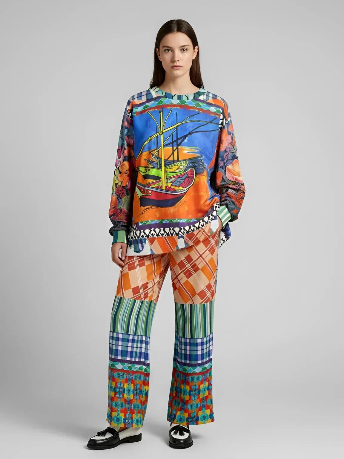 Boats of the Saint Marys - Van Gogh - Plaid Patchwork Eco-Poly Wide Leg Pants