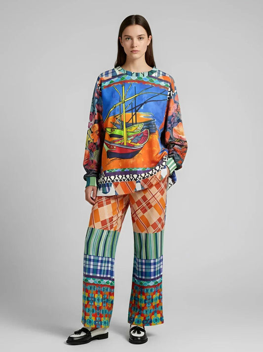 Boats of the Saint Marys - Van Gogh - Plaid Patchwork Eco-Poly Wide Leg Pants