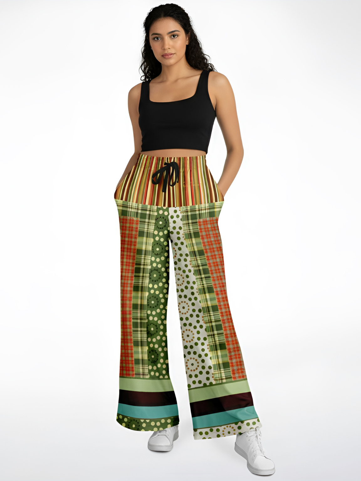 Brook with Aloes in Patchwork Eco-Poly Wide Leg Pants
