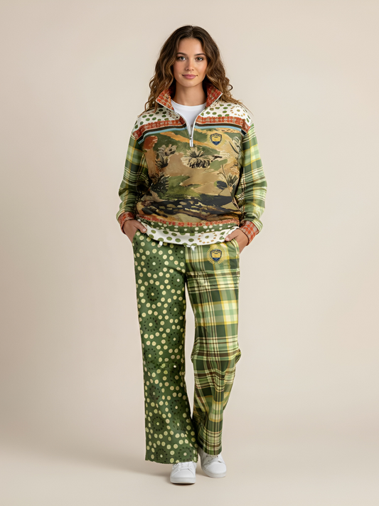 Brook with Aloes in Green Circles and Plaid Eco-Poly Wide Leg Pants