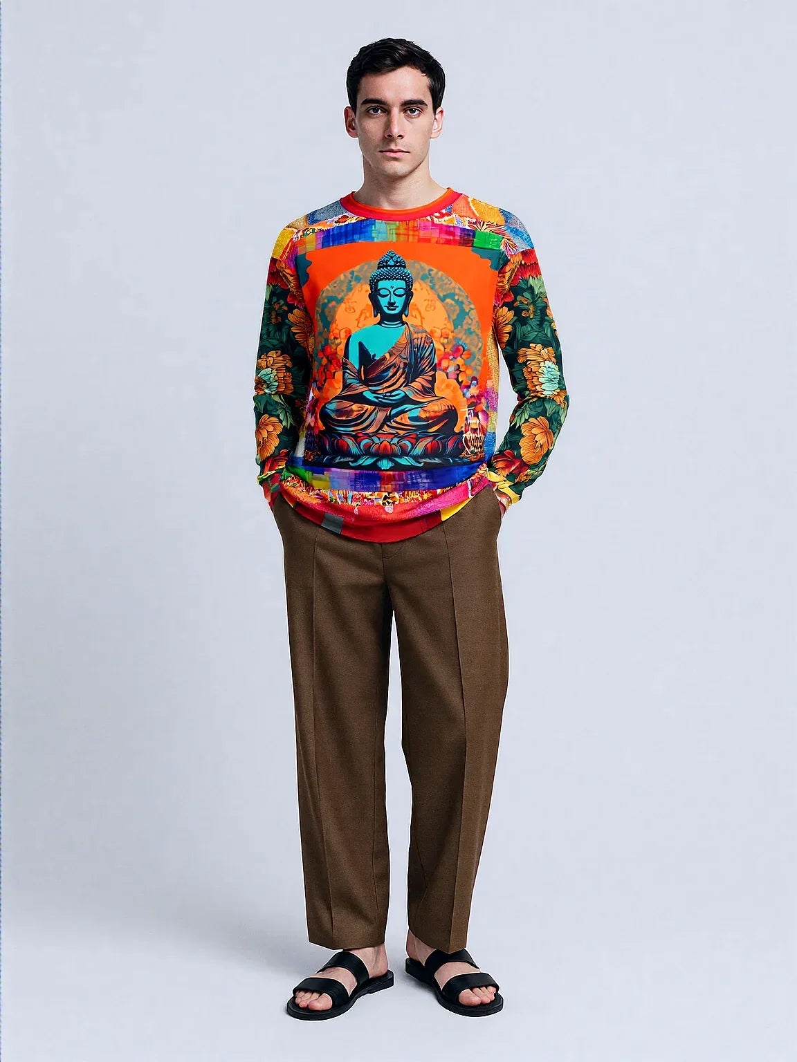 Buddha Nested in Flowers Patchwork Print Unisex Sweatshirt (Gold Label)