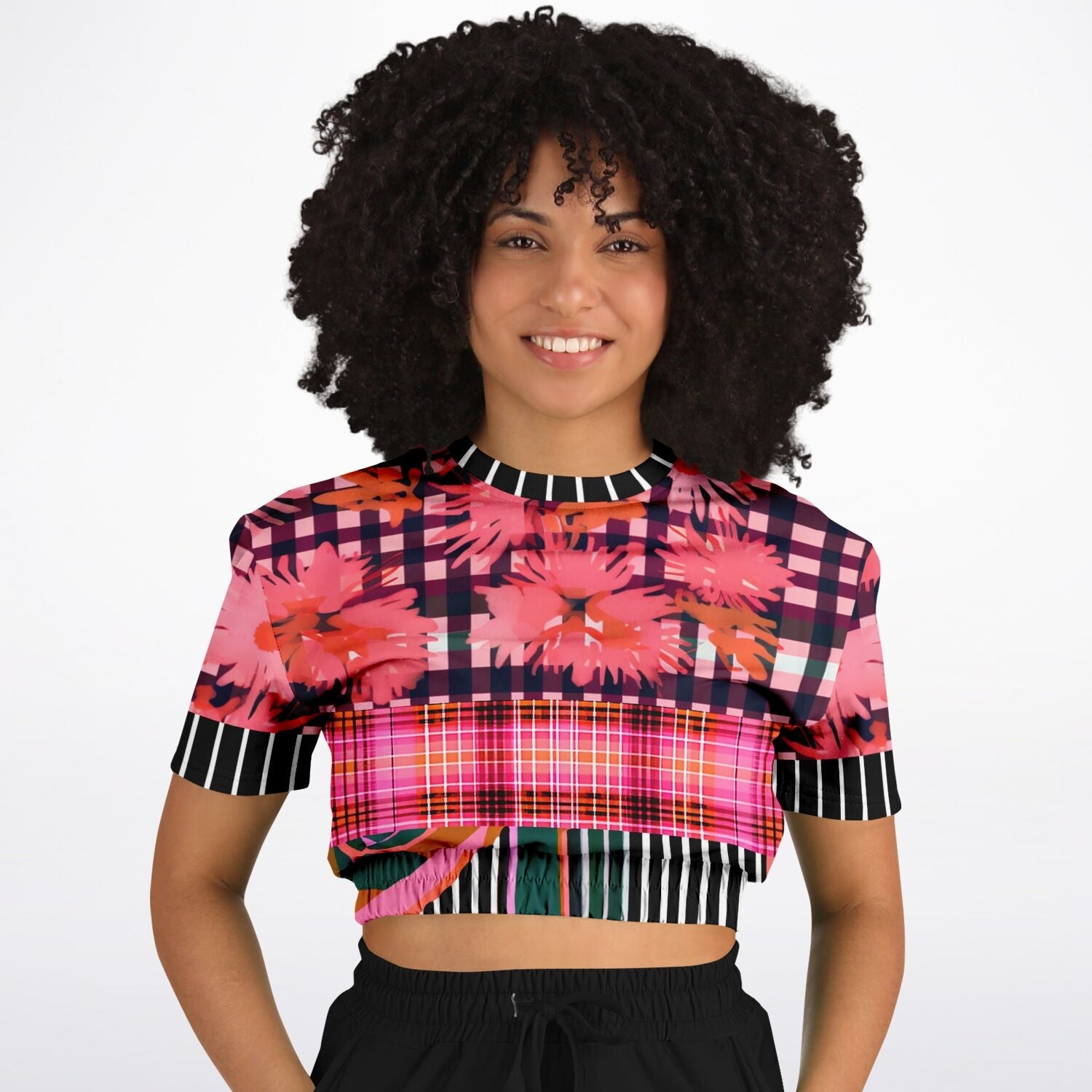 Pink Chrysanthemum Plaid Floral Eco-Poly Short Sleeve Cropped Pullover