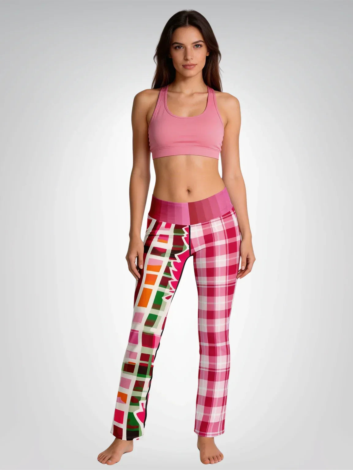 Cabbage Rose Pink Floral Plaid Flare Leggings