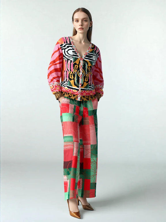 Pink Watermelon Patchwork Plaid Eco-Poly Wide Leg Pants