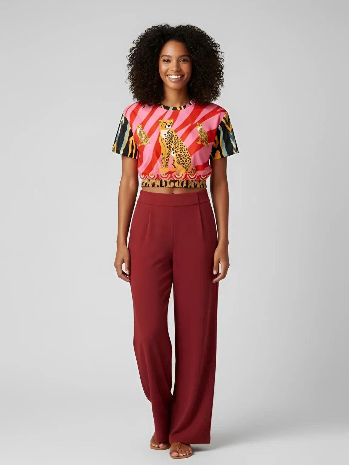 Cheetah in Pink Tiger Stripes Eco-Poly Short Sleeve Cropped Pullover