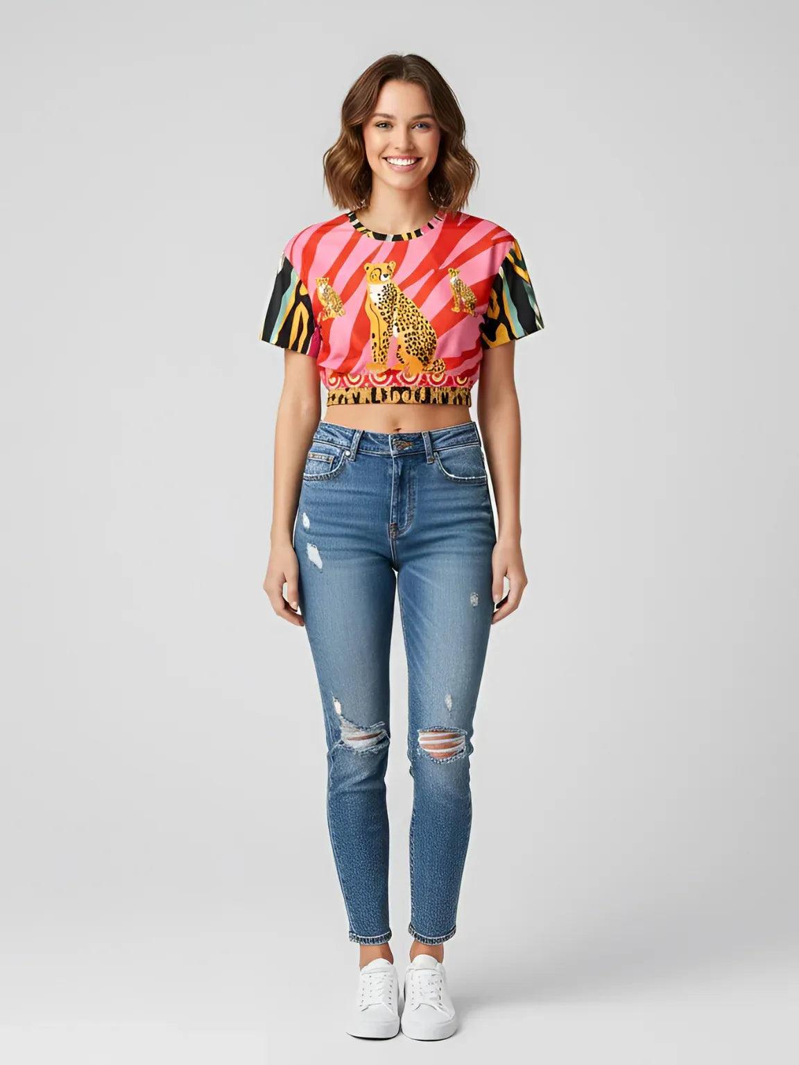 Cheetah in Pink Tiger Stripes Eco-Poly Short Sleeve Cropped Pullover