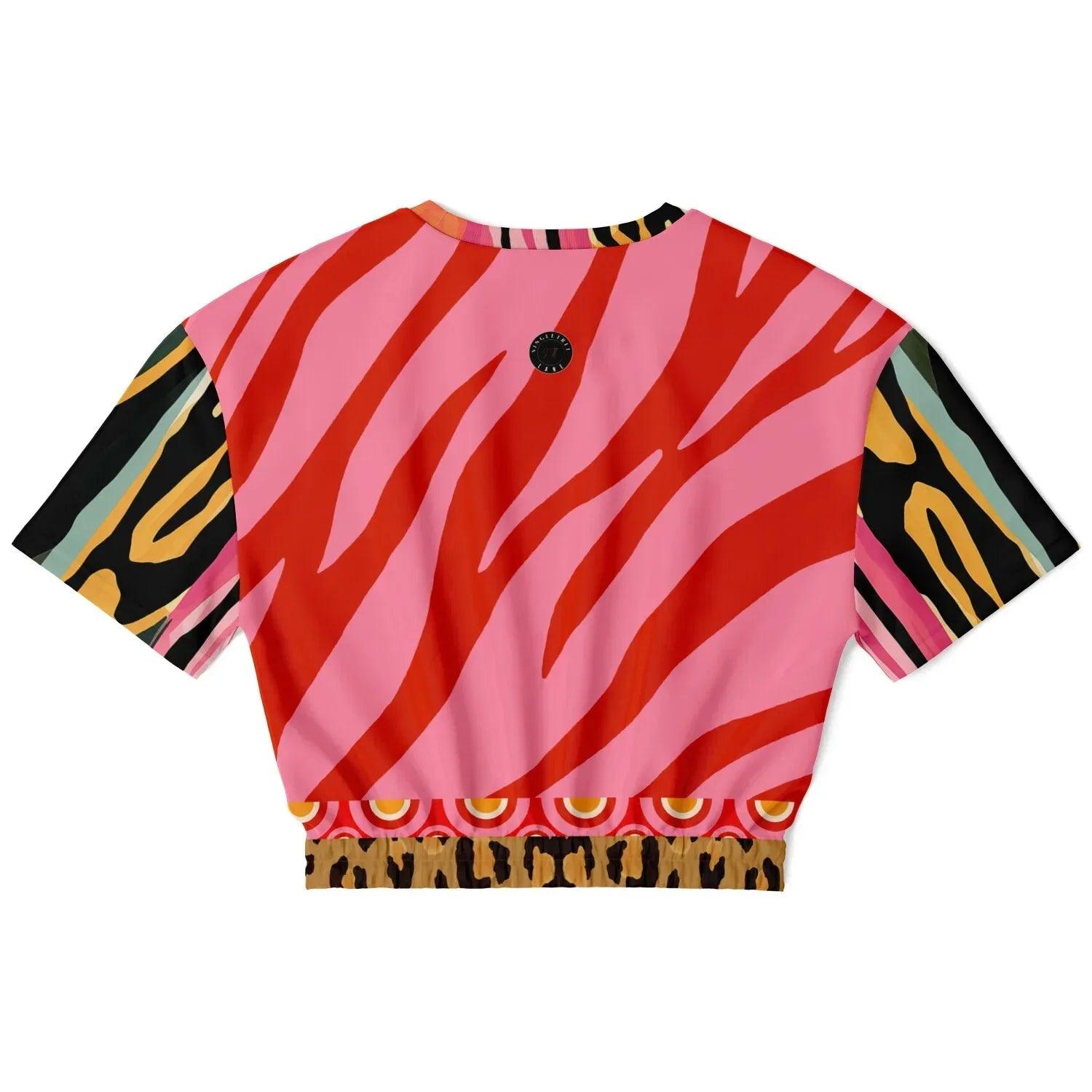 Cheetah in Pink Tiger Stripes Eco-Poly Short Sleeve Cropped Pullover