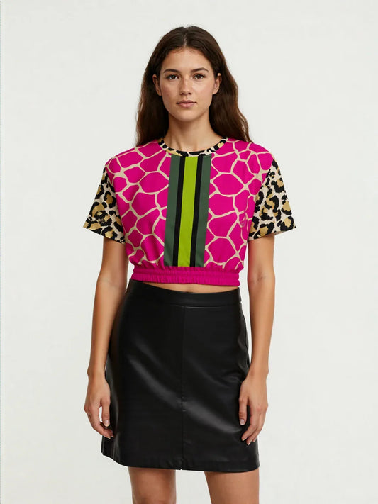 Cheetah Time 1863 Neon Stripe Eco-Poly Short Sleeve Cropped Pullover