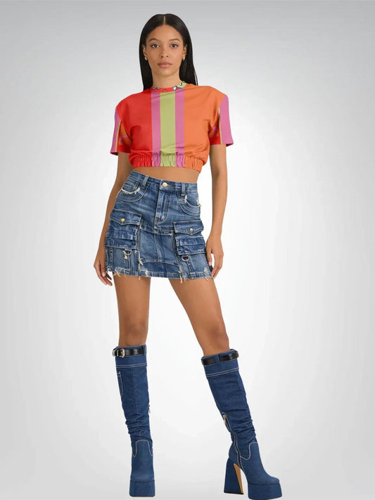 Chili Pepper Colorblock Trio Eco-Poly Short Sleeve Cropped Pullover