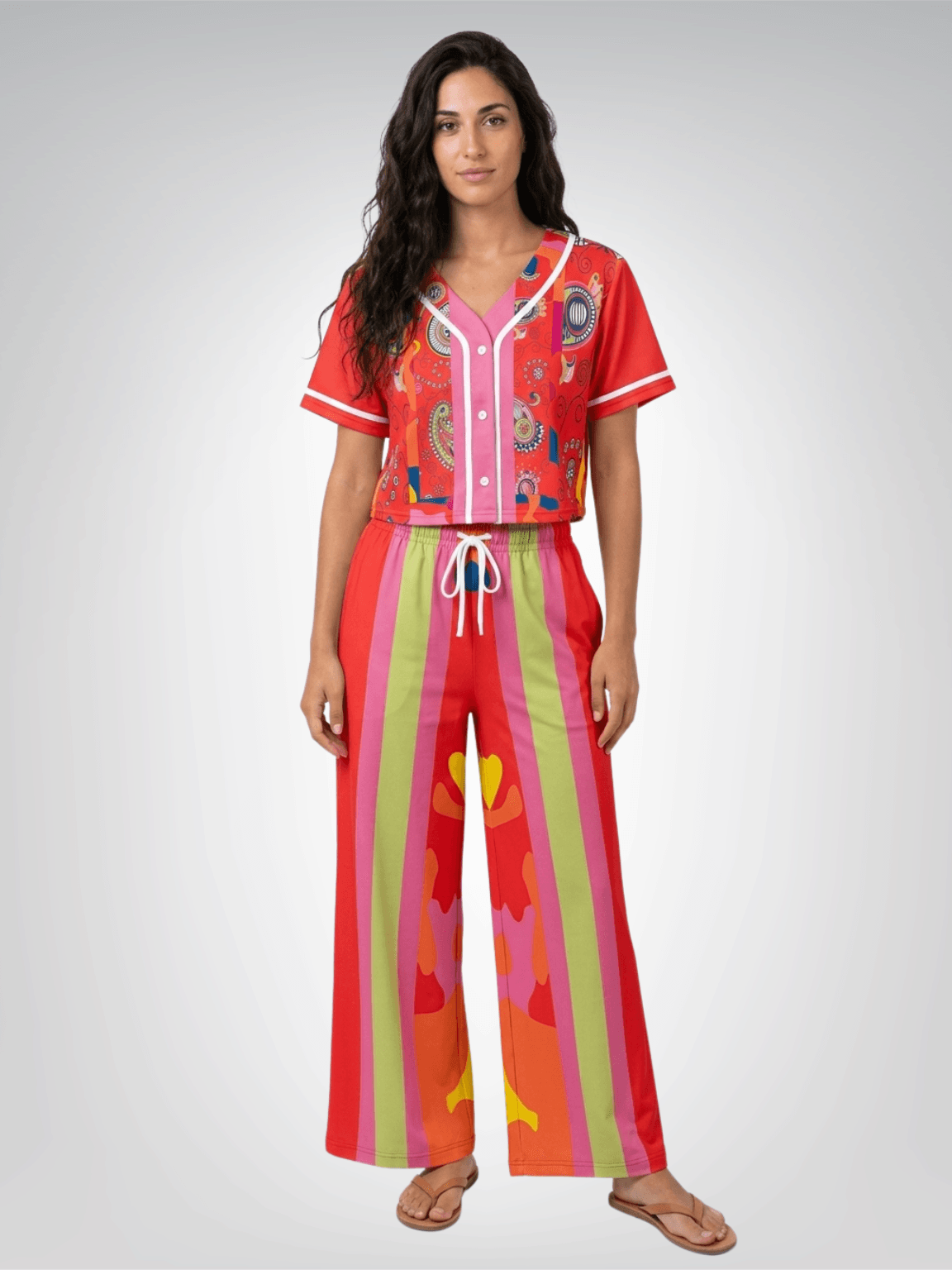 Chili Pepper Camo Paisley Eco-Poly Cropped Button Front Jersey