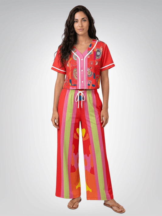 Chili Pepper Camo Paisley Eco-Poly Cropped Button Front Jersey